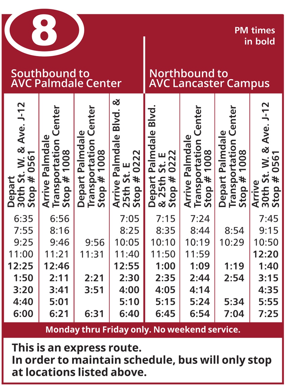 Route 8 - Antelope Valley College Schedule