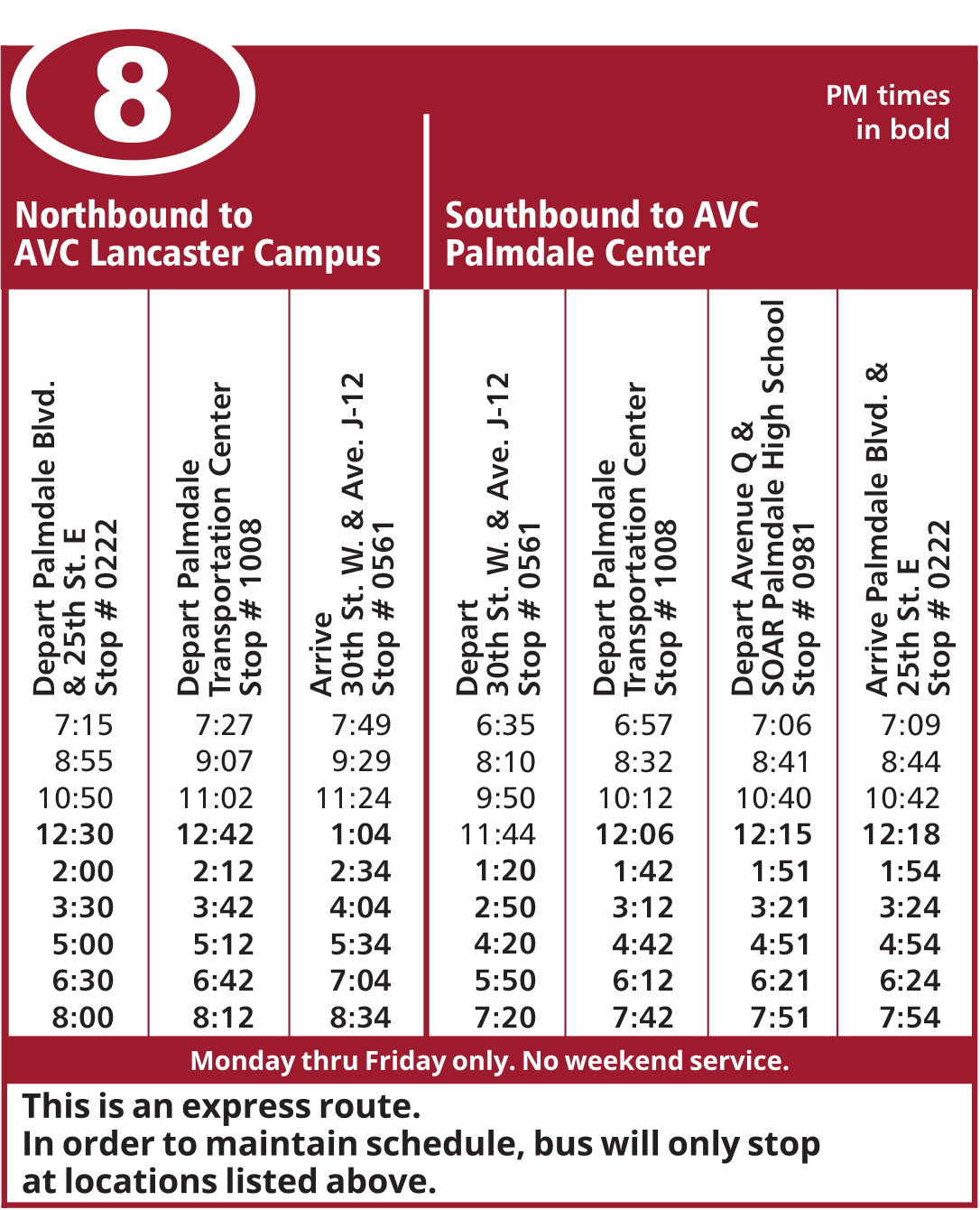 Route 8 Antelope Valley College Schedule