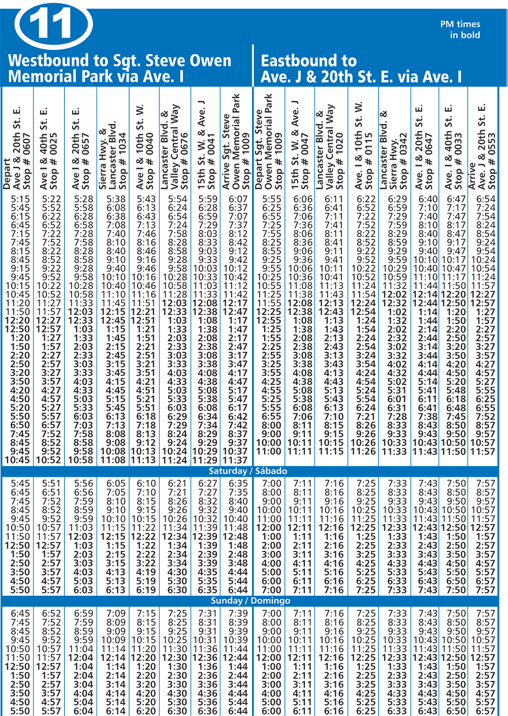Route 11 - East/West Lancaster via Avenue I Schedule
