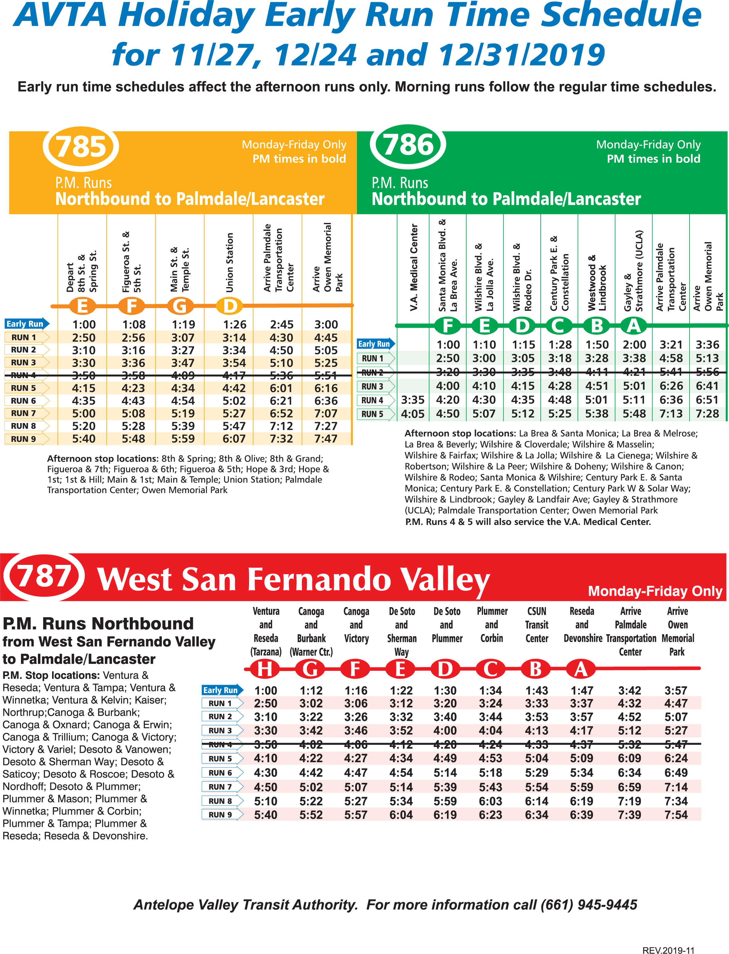 AVTA Holiday Early Run Time Schedule