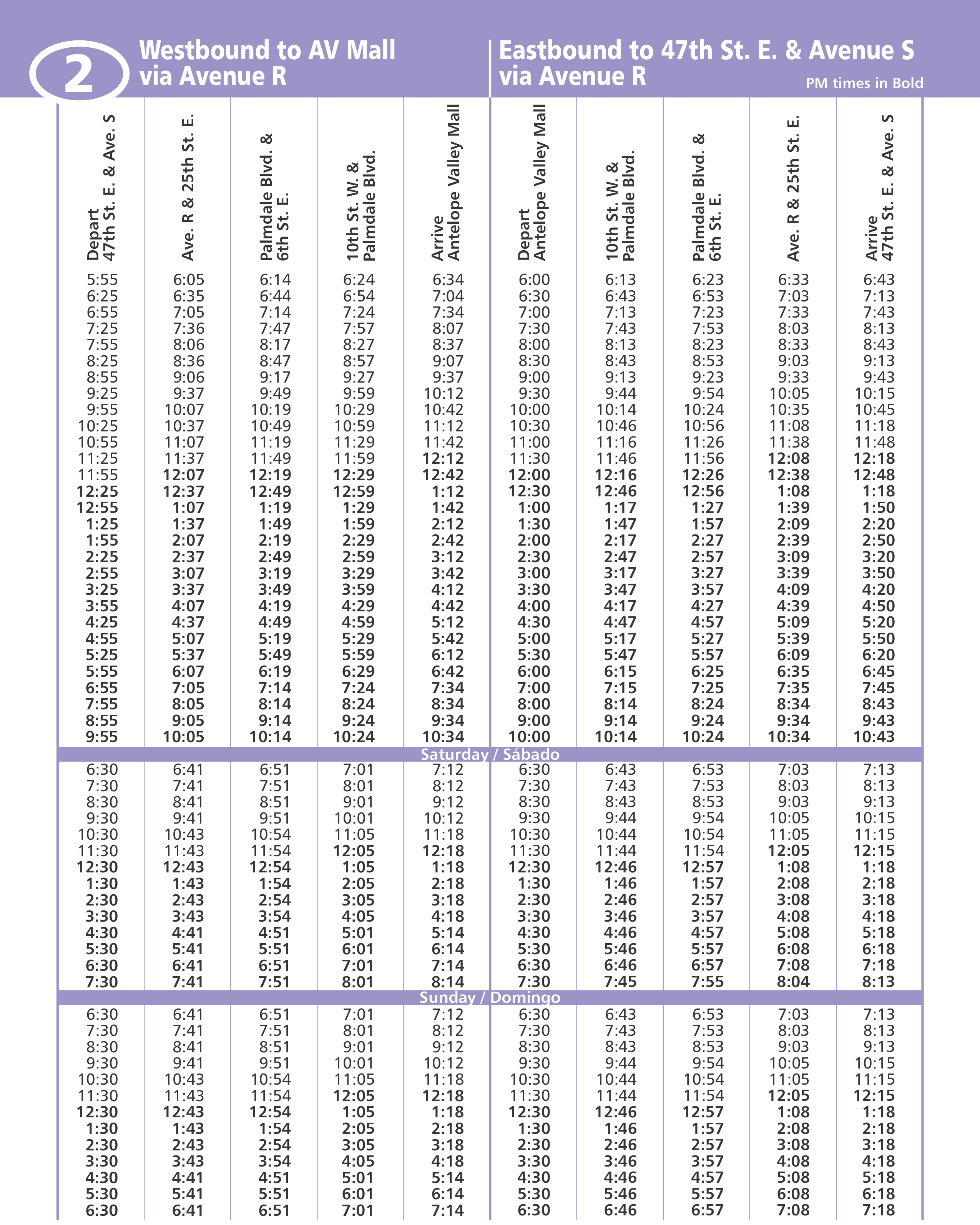 Route 2 Eastwest Palmdale Via Avenue R Schedule