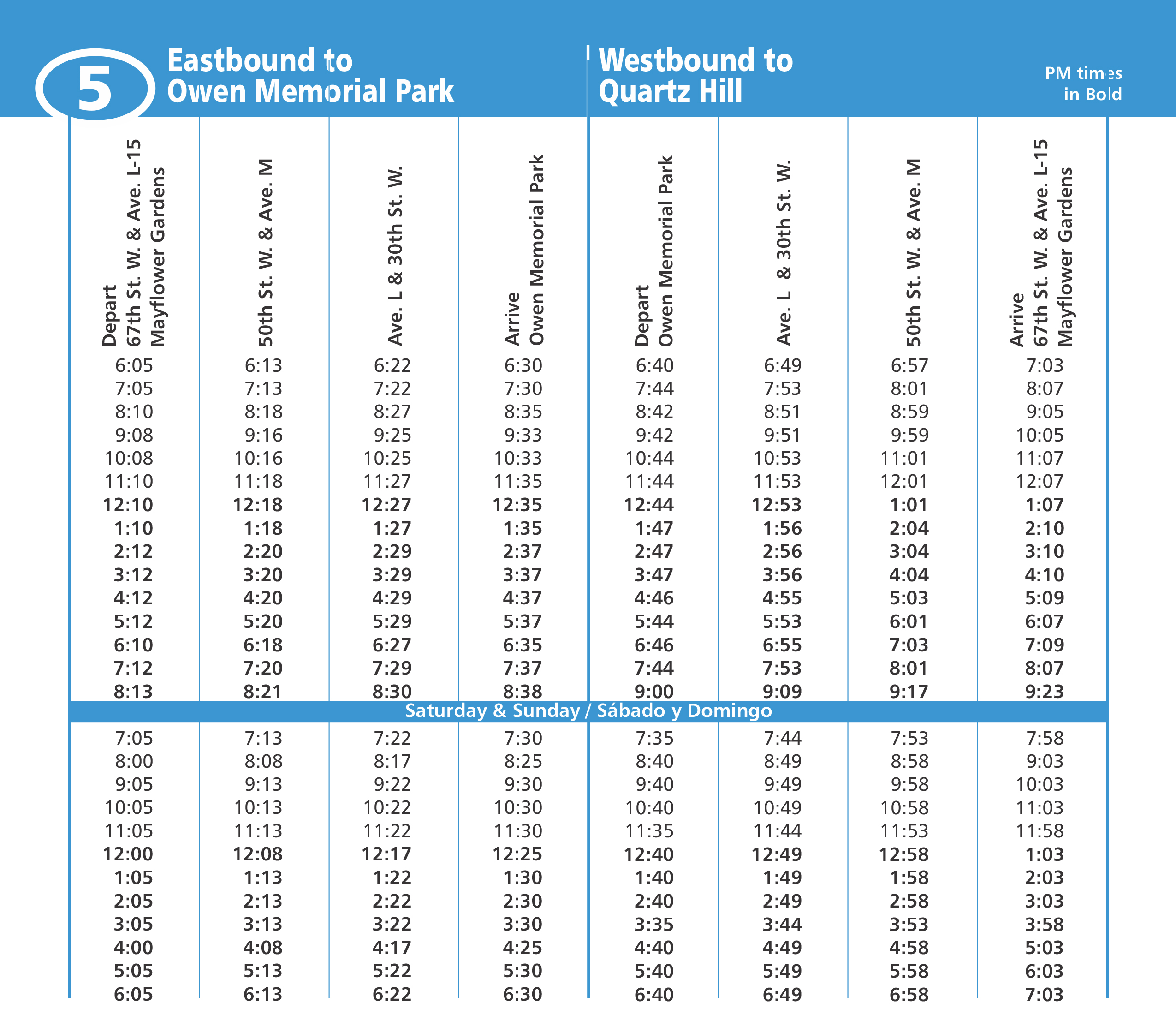 Route 5 Quartz Hill Via Avenue L Schedule