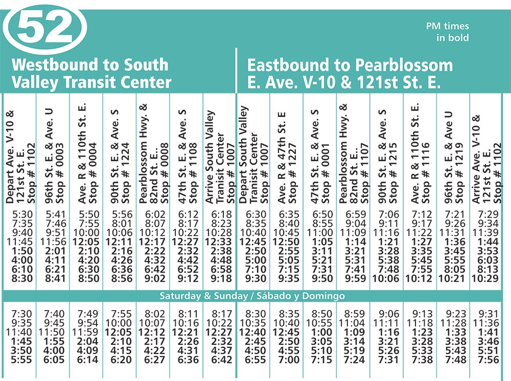 Route 52 Schedule