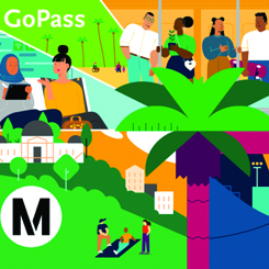 Graphic art depicting various people traveling by bus.