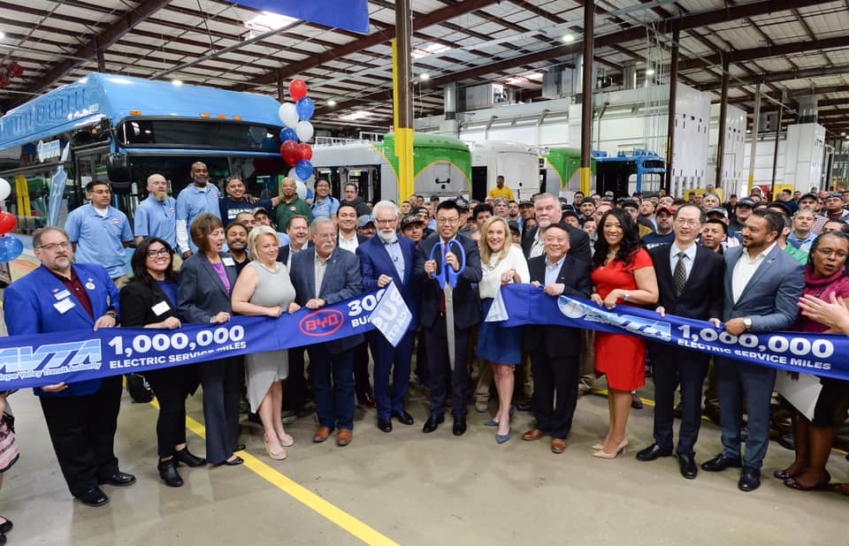 AVTA and BYD Celebrating Milestones with a ribbon cutting after producing its 300th Bus in Lancaster CA.