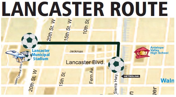 Route map showing a connecting route between the Blvd. Transit Center and Lancaster Municipal Stadium