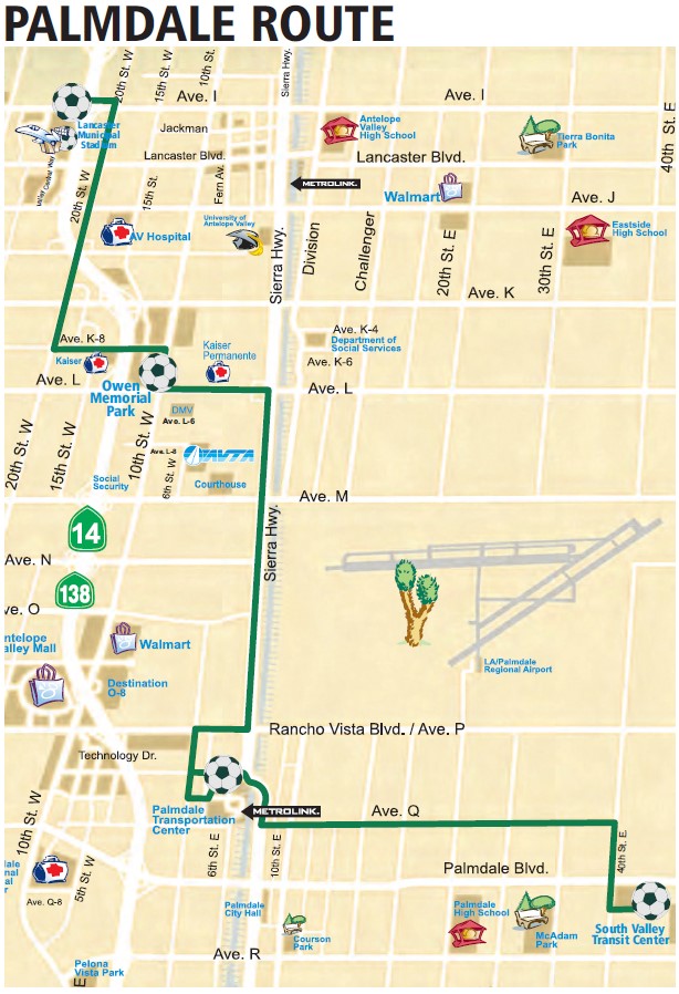 Route map showing connections from the South Valley Transit Center, to Palmdale Transit Center, to Owen Memorial Park Transit Center (in Lancaster), to Lancaster Municipal Stadium