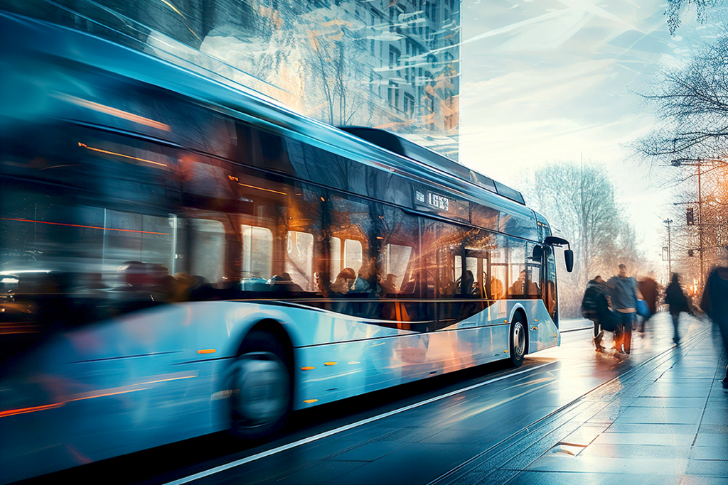 Bus traveling on a road, long exposure.