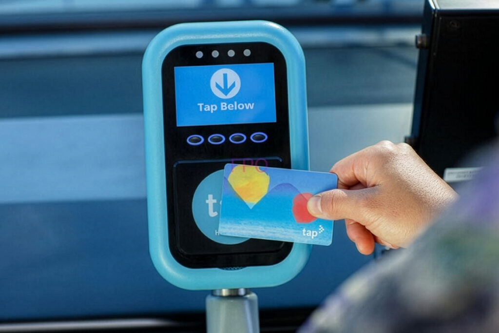Patron using the tap card reader entering a bus.