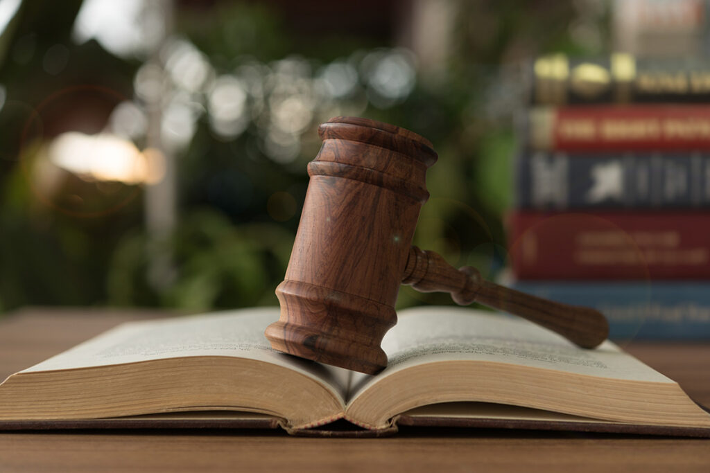 A gavel laid on top of a book.