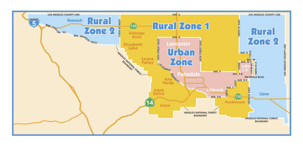 Map depicting rural zones 1 and 2 as well as the urban zone.